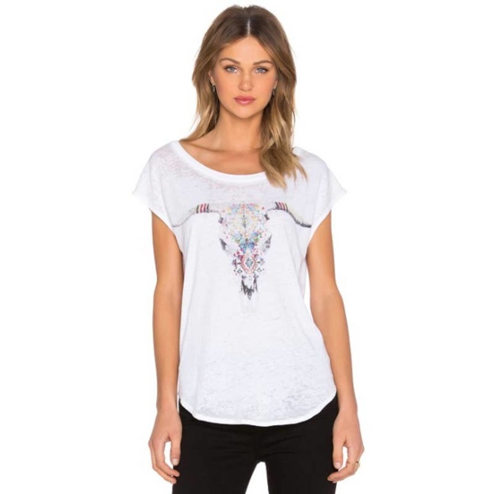 Chaser NWT Aztec Skull Graphic Scoop Neck Cap Sleeve Tunic Top White Size Medium